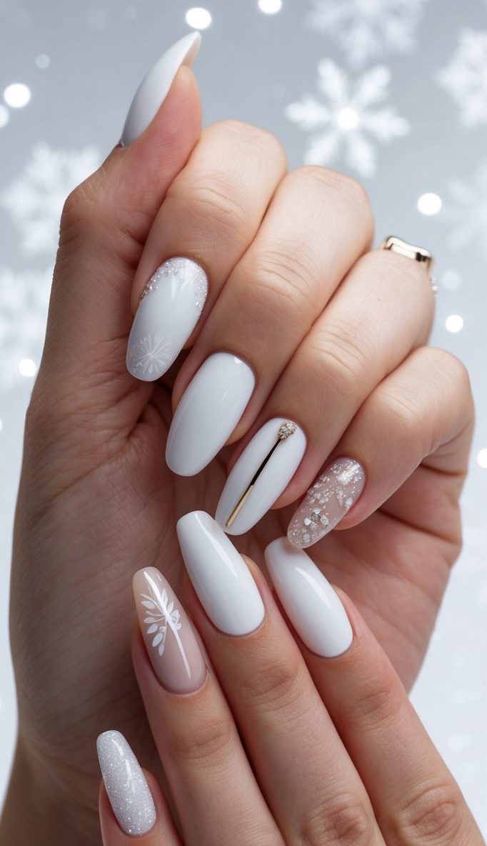 Clean white and blush nude nails with metallic lines, glitter tips, and subtle botanical detailing for a sleek winter nail design.