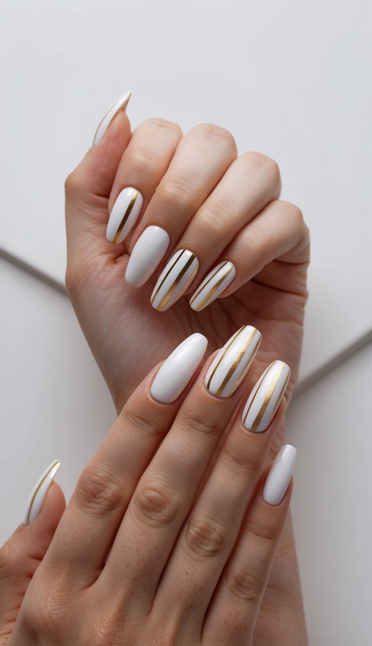 Bright white nails styled with thin, metallic gold stripes in a clean, symmetrical layout for a bold yet balanced finish.