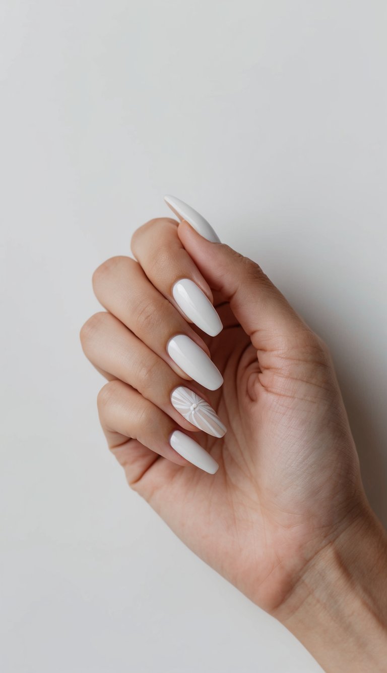 Elegant almond nails painted in soft white with one accent nail featuring a thin starburst-style line design for a graceful look.