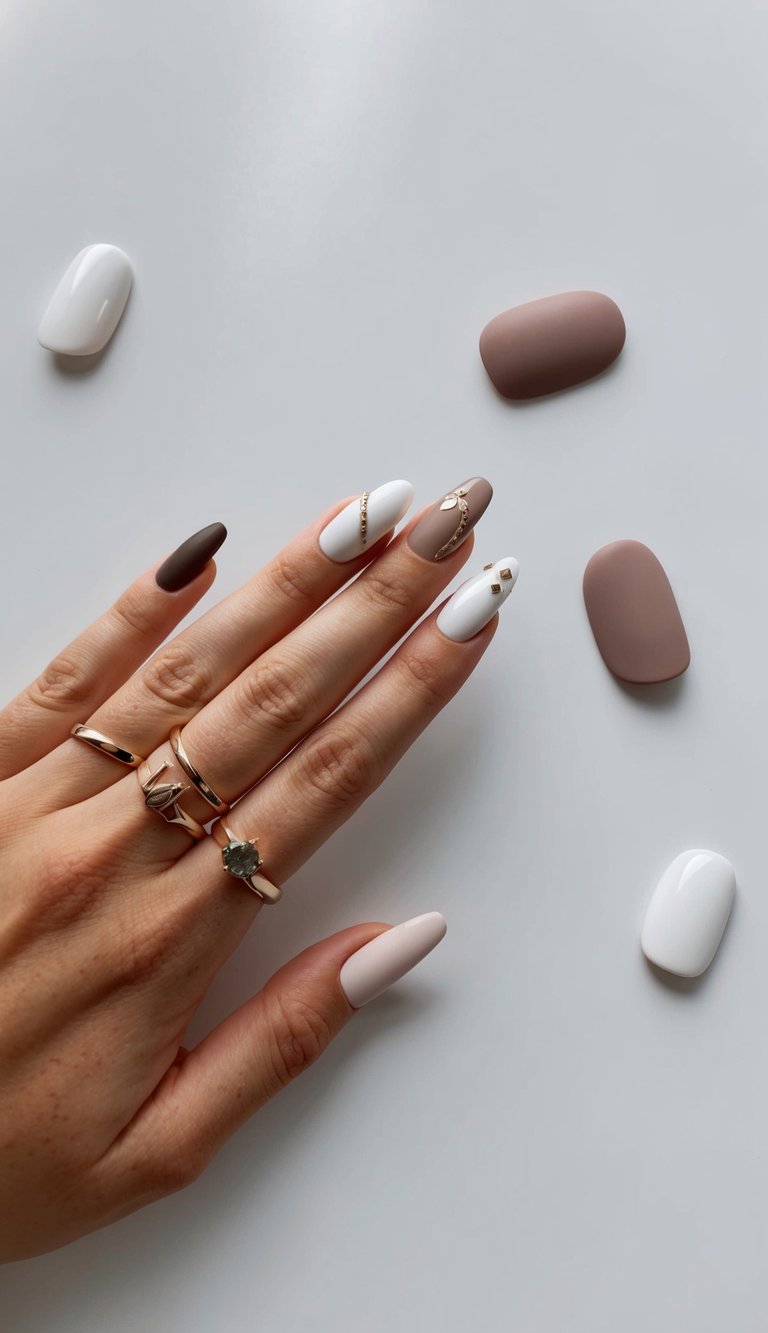Chic white nail design with taupe and brown matte tones, detailed with gold chain accents and tiny bow charms on a manicured hand.