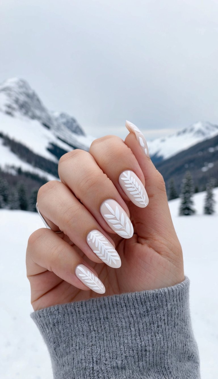 Feminine blush-toned nails with white leaf art held against a snowy mountain view, creating a calm, winter-inspired manicure look.