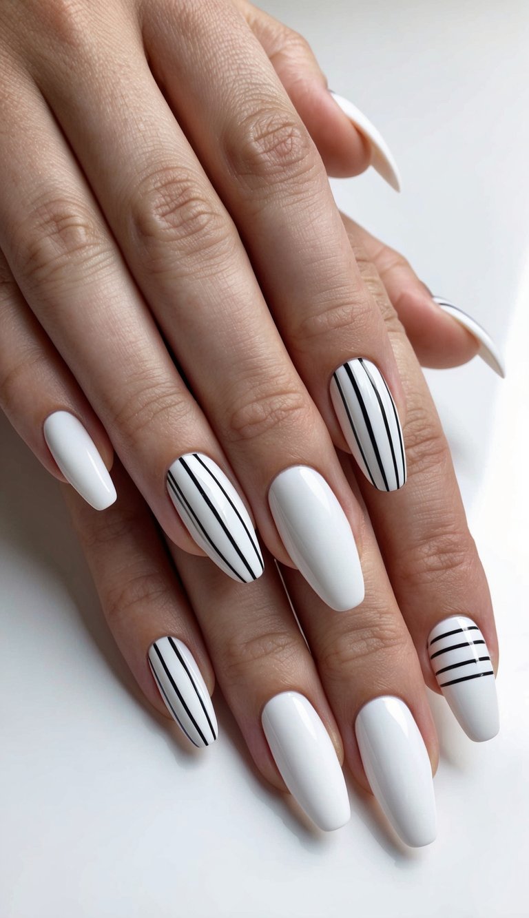 Sharp white nails featuring minimal black vertical and horizontal stripes, creating a modern and graphic editorial style.