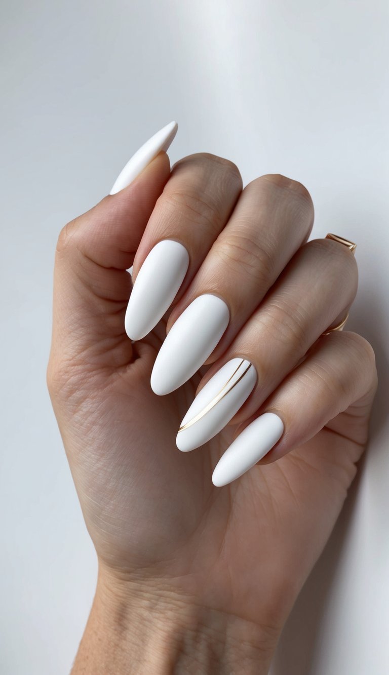 Close-up of matte white nails with one nail showcasing a delicate gold diagonal stripe, blending modern style with simplicity.