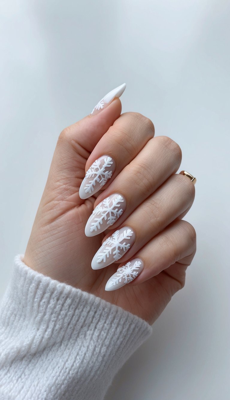 Hand with almond white nails decorated with raised snowflake patterns, creating a festive and elegant winter look.