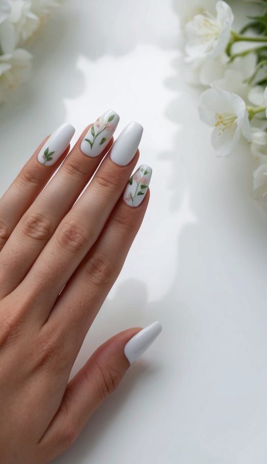 White nails featuring hand-painted pink flowers and green leaves, styled in a botanical spring-inspired manicure.