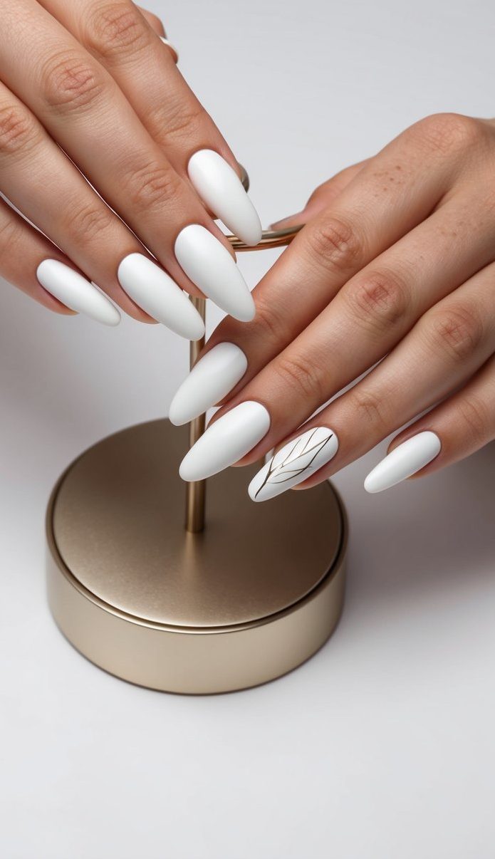 Almond matte white nails with a single accent nail featuring a minimalist black leaf design.