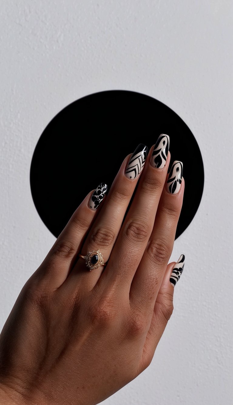 Hand with almond-shaped nails featuring abstract black patterns on a sheer beige base, styled with a vintage gold ring.
