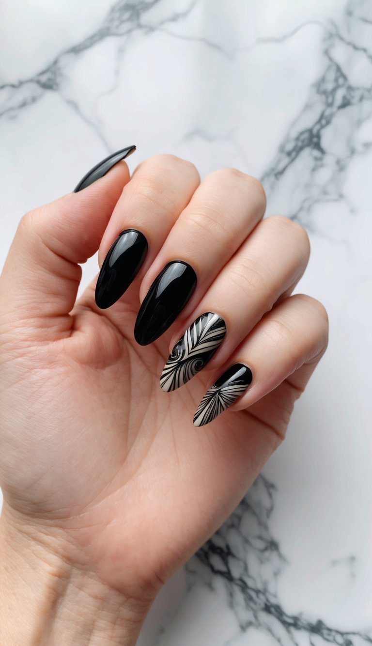 Almond nails in glossy black with two accent nails featuring beige base and intricate black fan-like line detailing.
