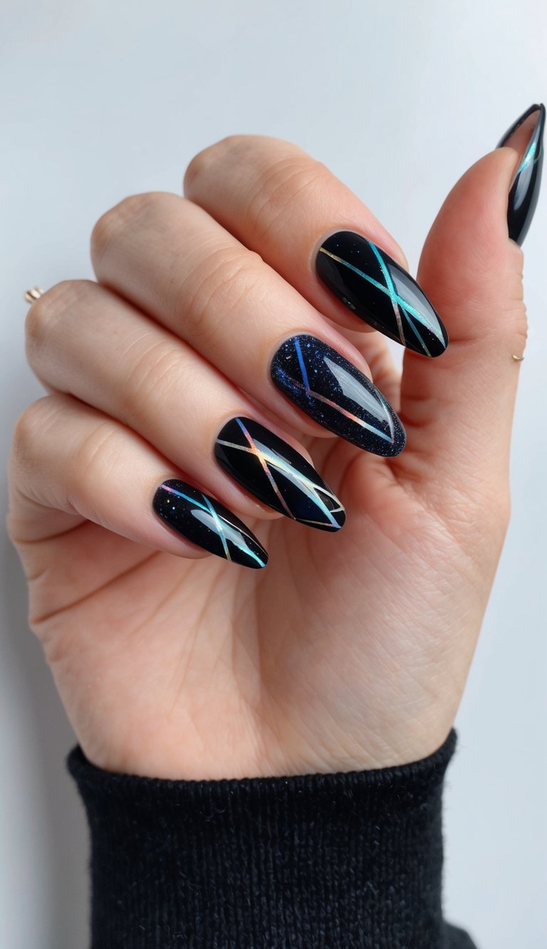 Galaxy black nails with iridescent diagonal stripes for a sleek, dramatic design that channels cosmic energy.