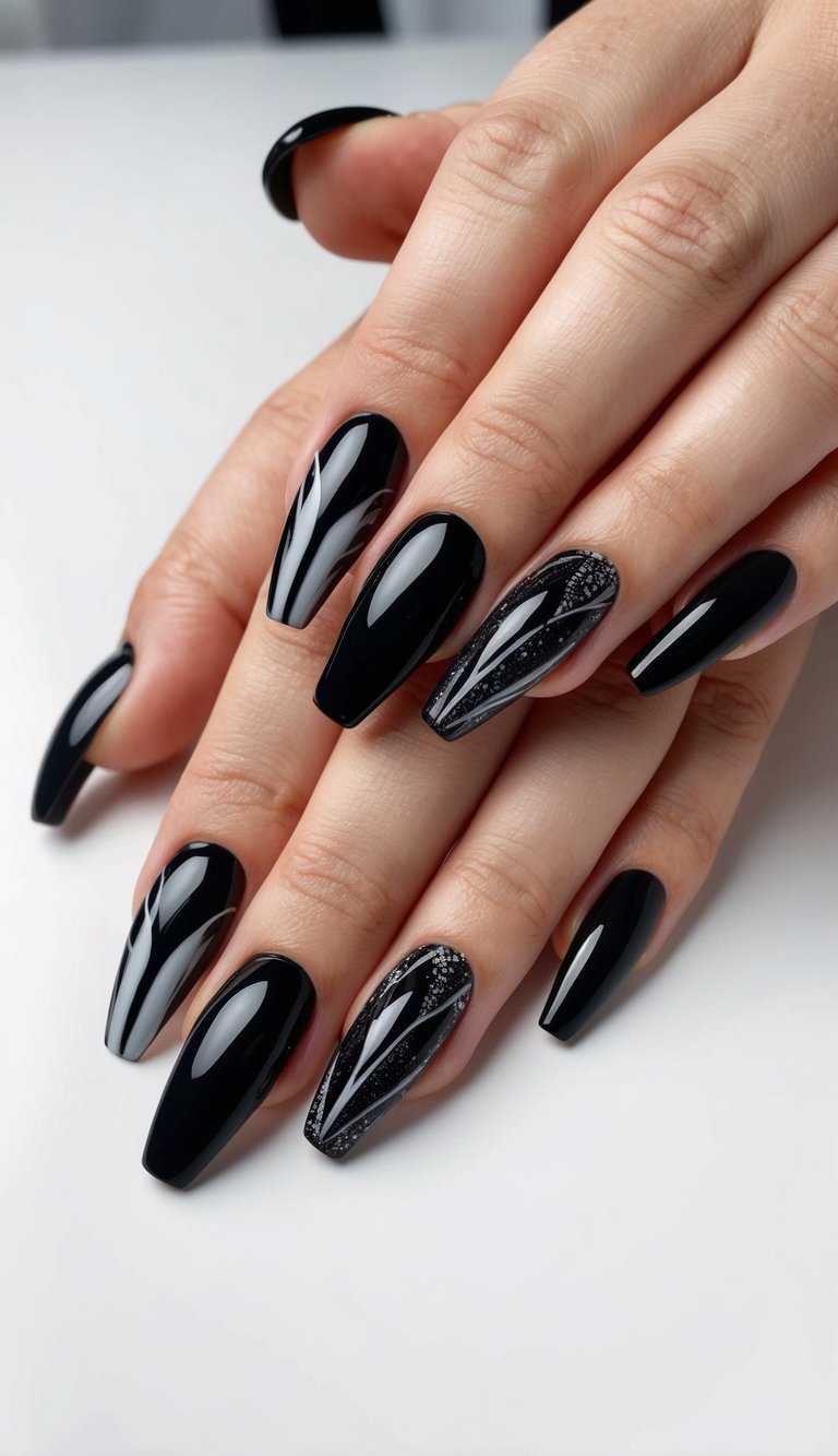 Glossy black nails featuring subtle silver shimmer and elegant white streaks on a long square nail shape.