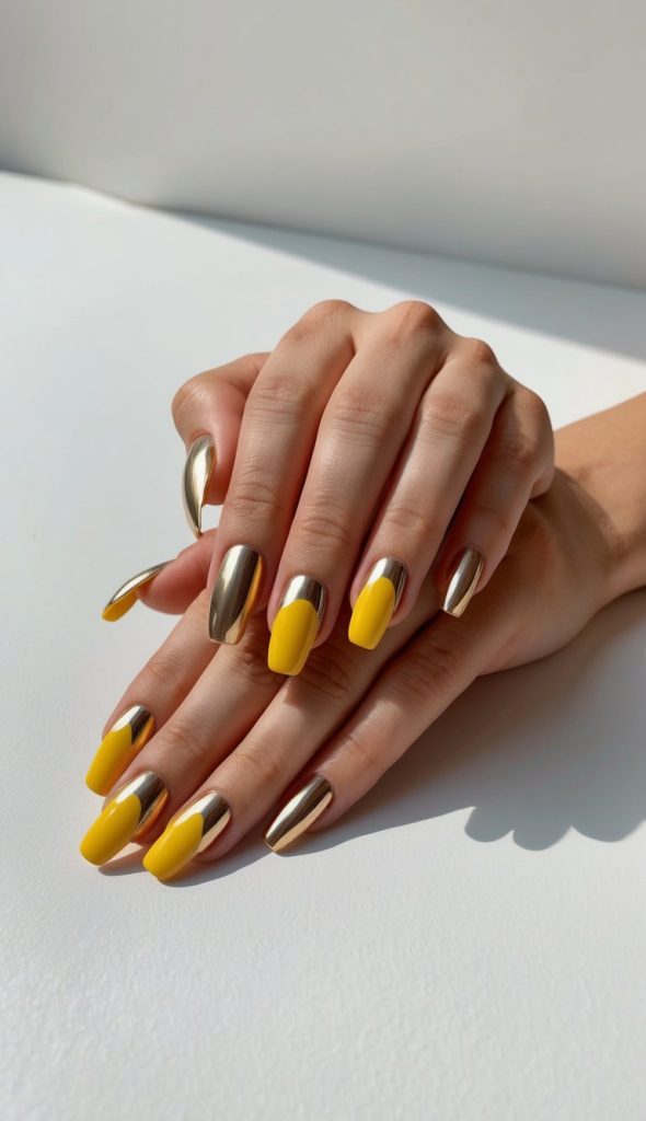 Metallic chrome and bright yellow nails paired in a modern alternating pattern with sleek, high-gloss finish.