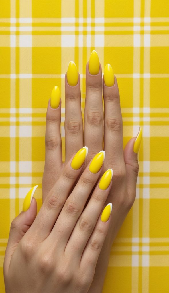 Close-up of almond-shaped nails in vibrant canary yellow with clean white French tips on a yellow plaid background.