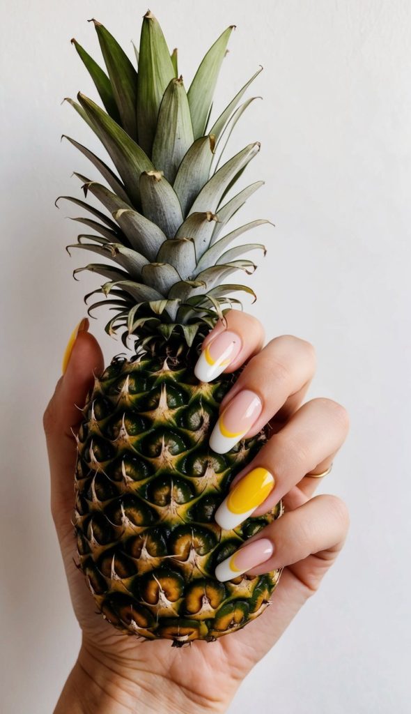 Stylized curved yellow and white French tips on a nude base, shown against a pineapple for a vintage-summer feel.