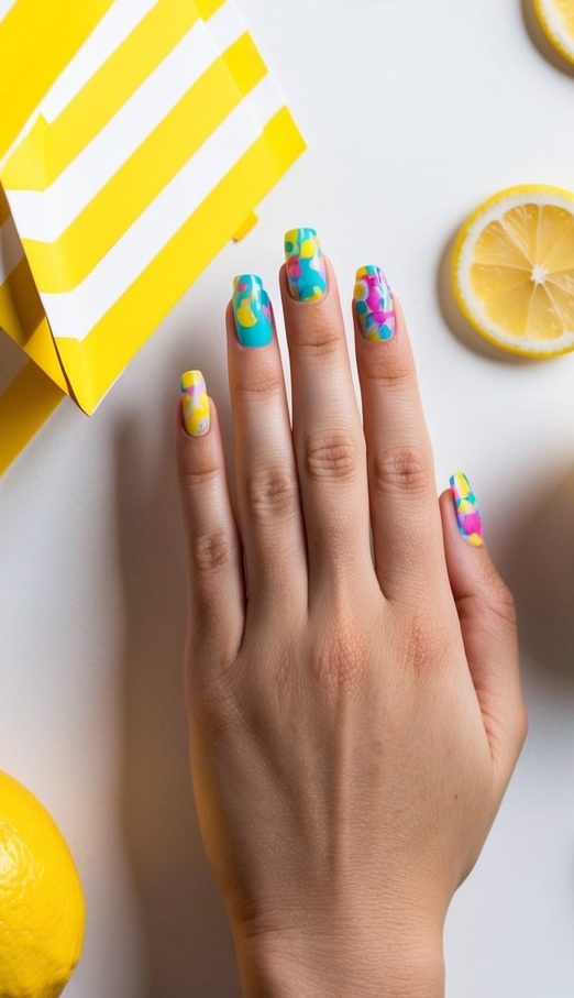 A lemonade stand with bright yellow stripes, surrounded by colorful nail art designs
