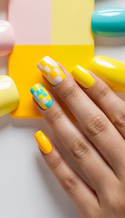 A checkerboard pattern of bright yellow nail art designs, ranging from pastel to vibrant shades, arranged in a charming display