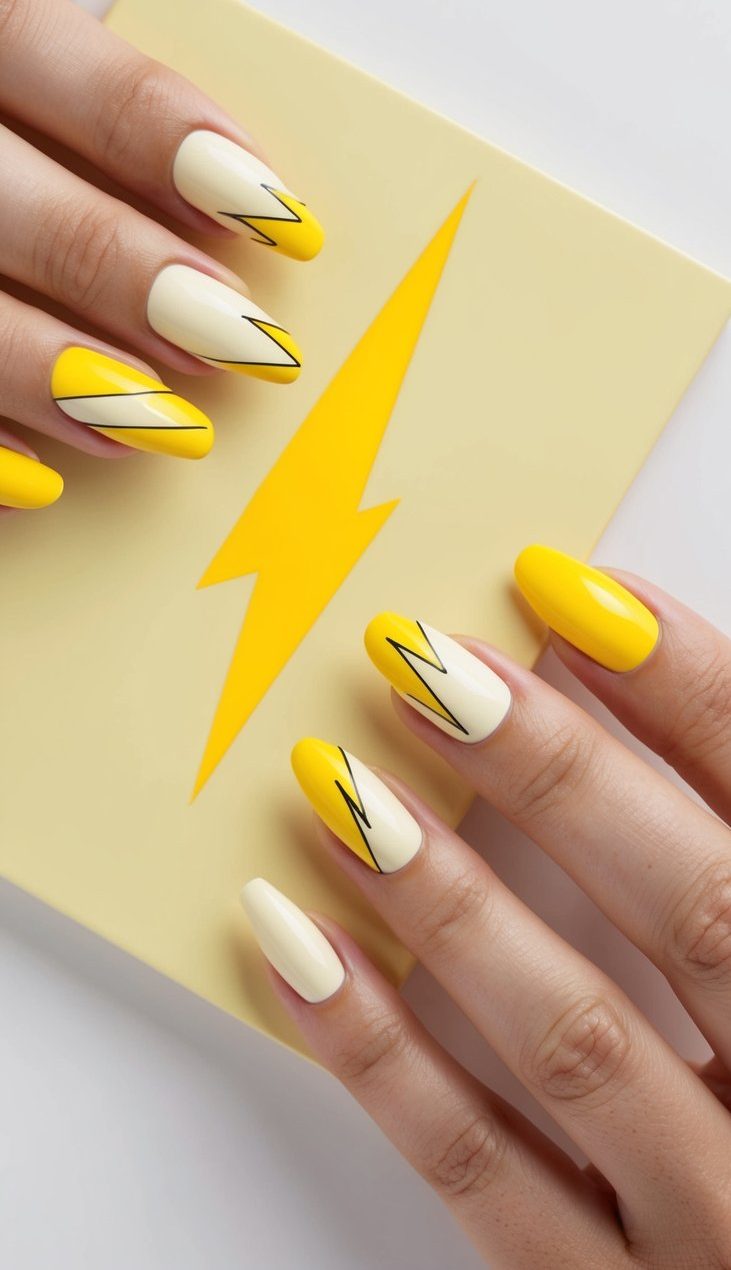 Vibrant yellow lightning bolts striking across a pastel yellow nail art canvas