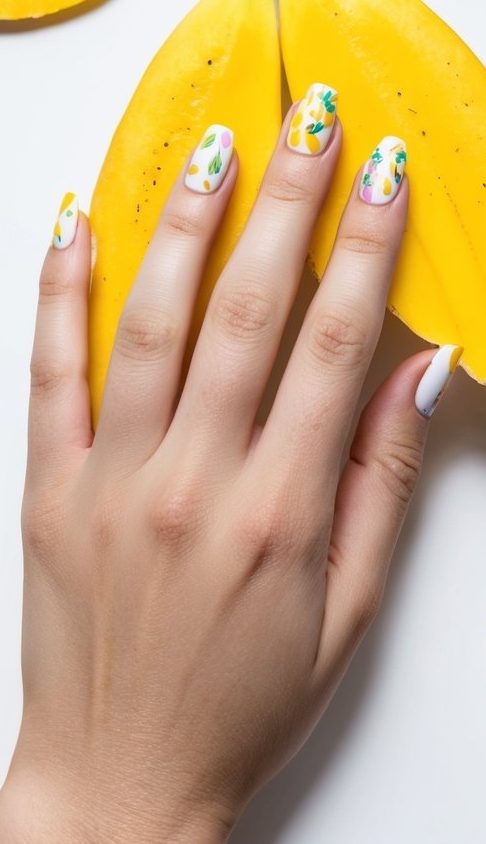A bright yellow banana peel with various patterns scattered on a white background