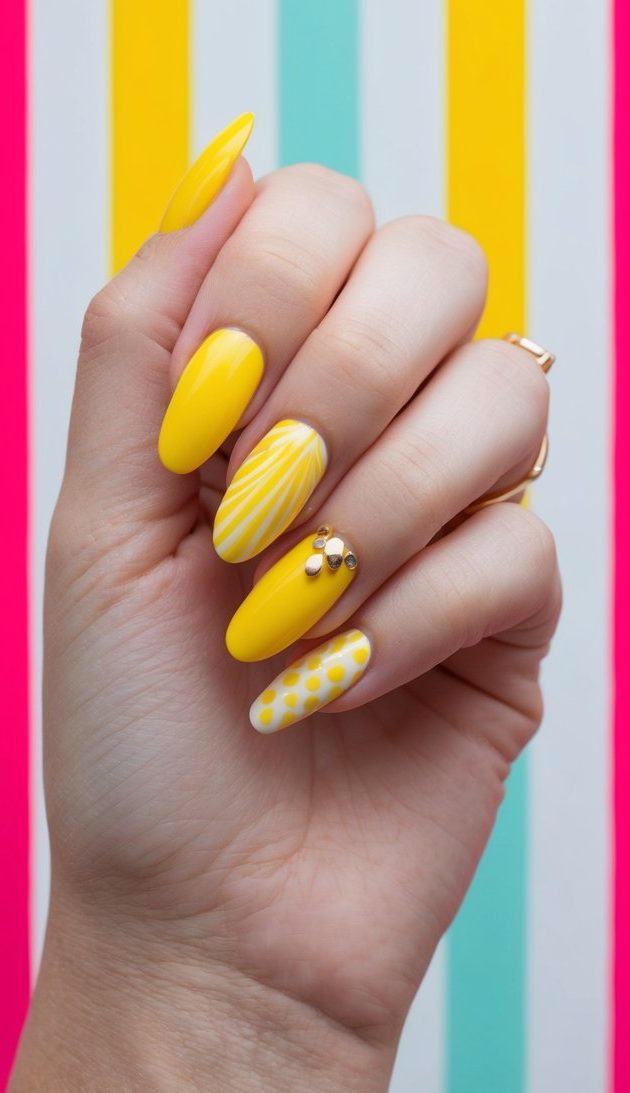 A collection of bright yellow nail art designs displayed on a vibrant candy stripe background