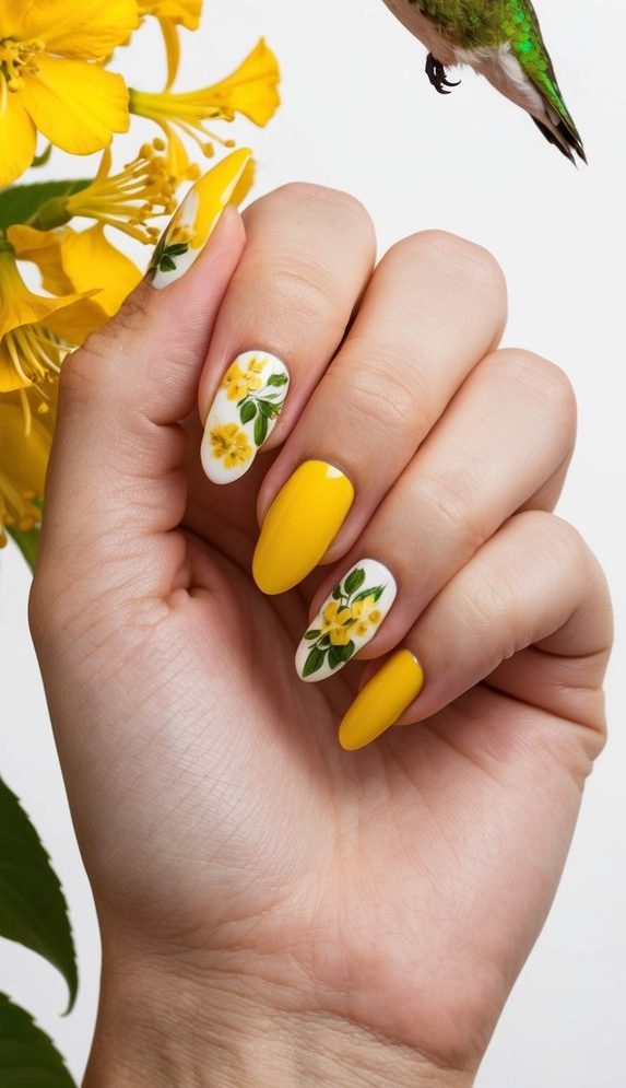 A vibrant hummingbird hovers near honeysuckle flowers, surrounded by bright yellow nail art designs