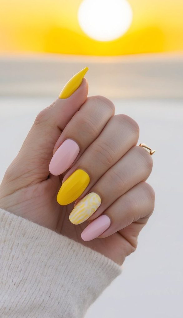 A bright yellow sunrise over a serene horizon, blending into a playful array of pastel and bold yellow nail art designs