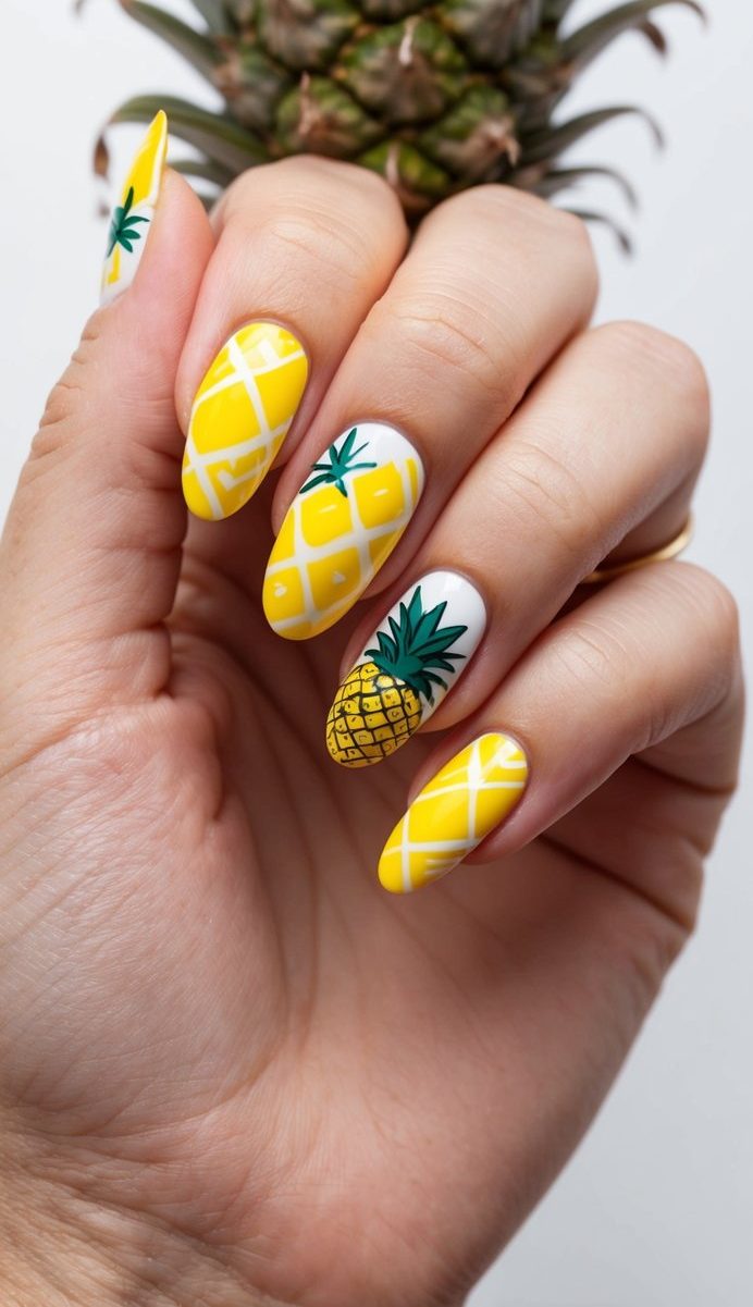 A vibrant pineapple-themed nail art design with bright yellow hues and playful patterns