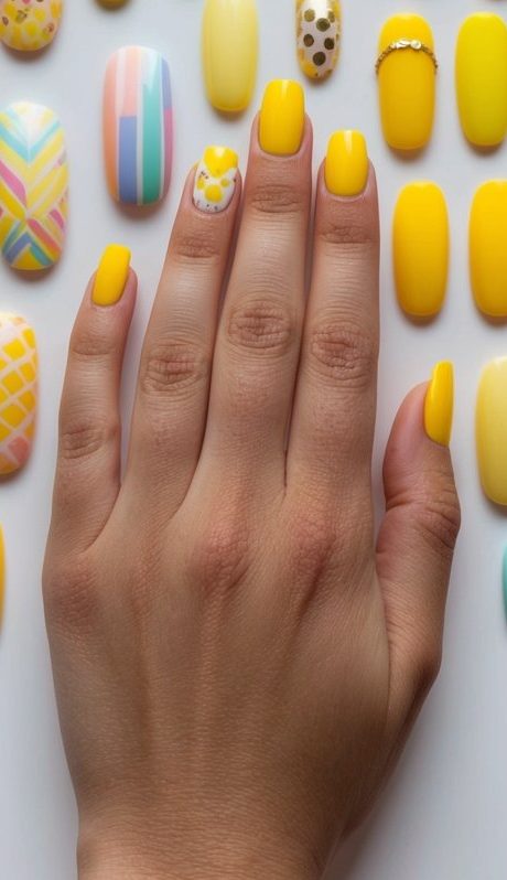 A collection of 50 bright yellow nail art designs, ranging from pastel to vibrant shades, arranged in a playful and eye-catching display