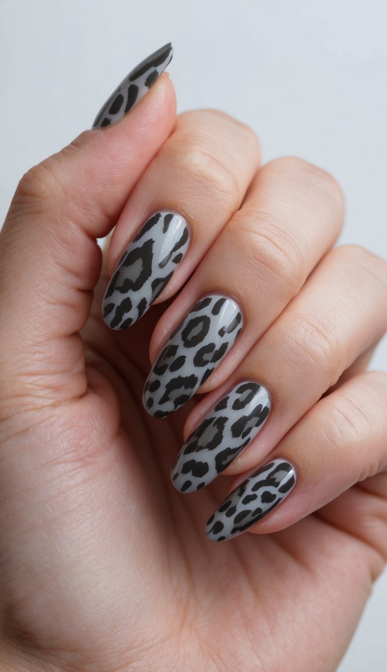 Close-up of long oval nails with glossy gray polish and black leopard spots, creating a trendy and edgy animal print look.