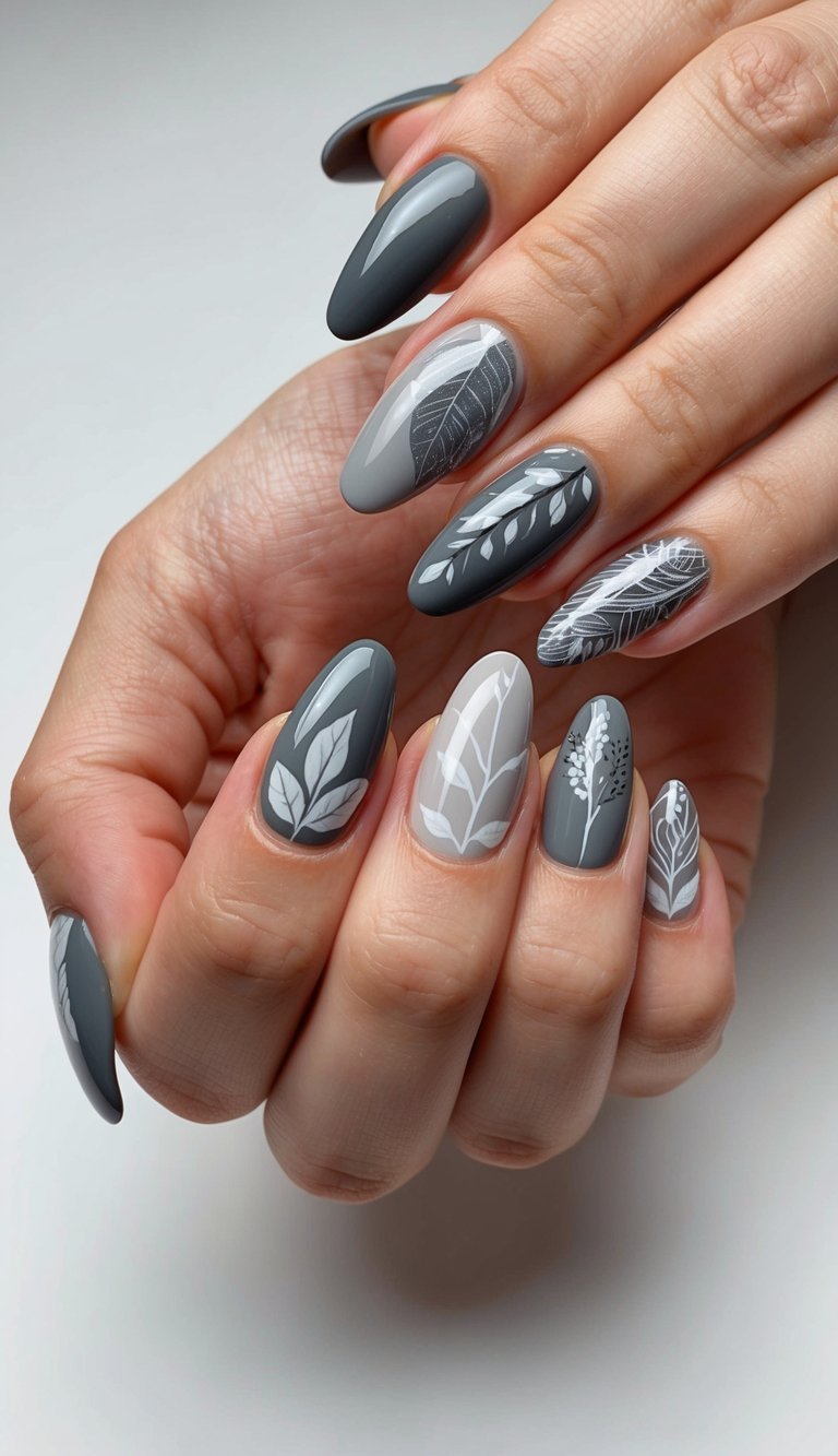 Hand with charcoal and gray nails detailed in white leafy designs, combining nature-inspired art with a soft, refined finish.