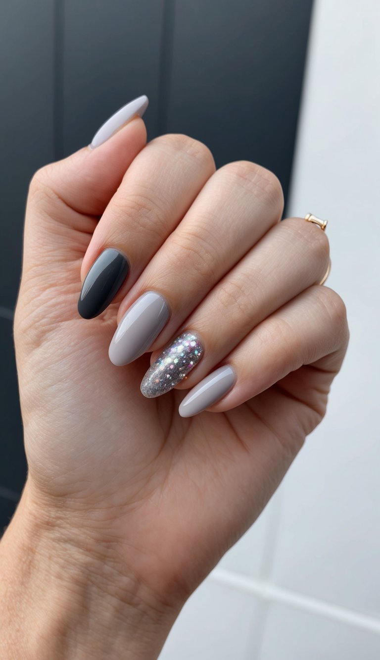 Hand with almond nails in soft gray shades and a sparkling silver glitter accent, blending subtle elegance with a pop of shine.