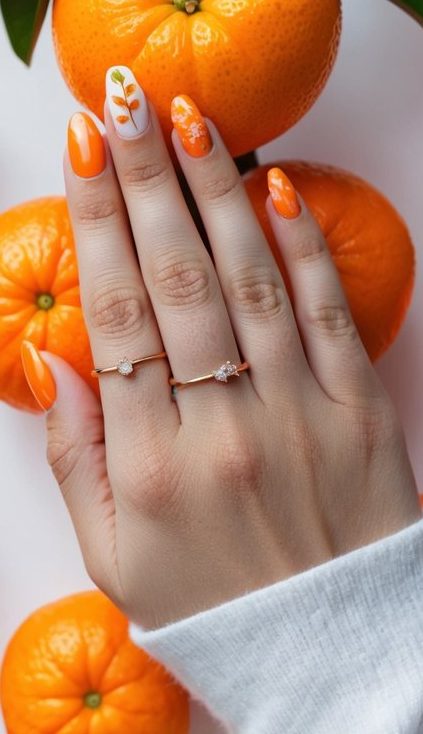 Youthful orange nail design with a tangerine branch accent on a white nail, surrounded by bold, glossy polish.