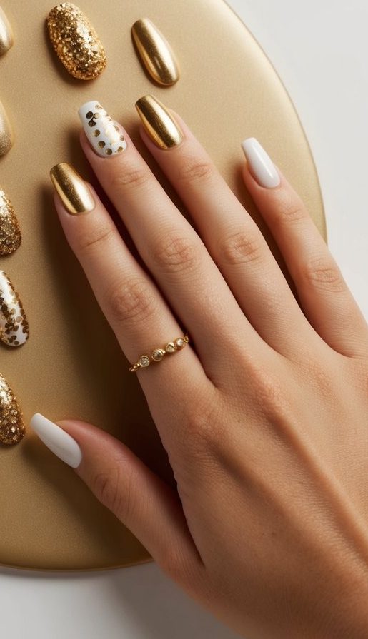 A collection of 50 glamorous gold nail art designs displayed on a matte gold finish background