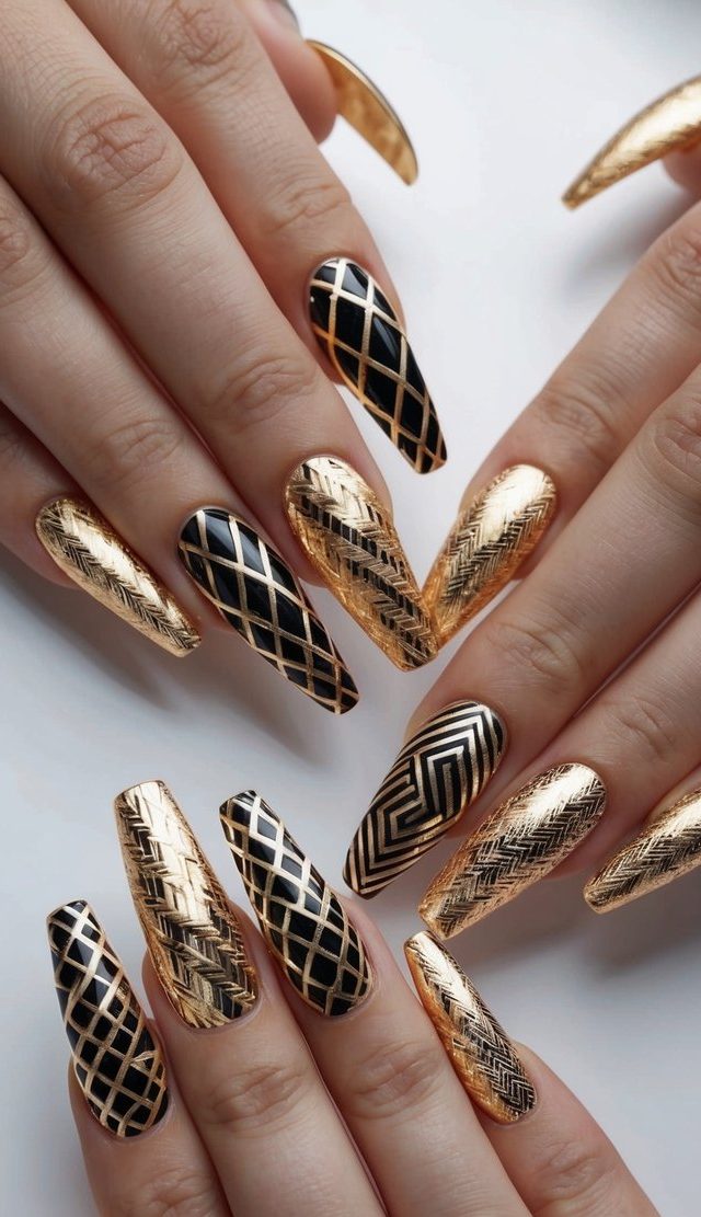 A collection of intricate geometric gold patterns on various nail shapes and lengths, showcasing glamorous and dazzling nail art designs