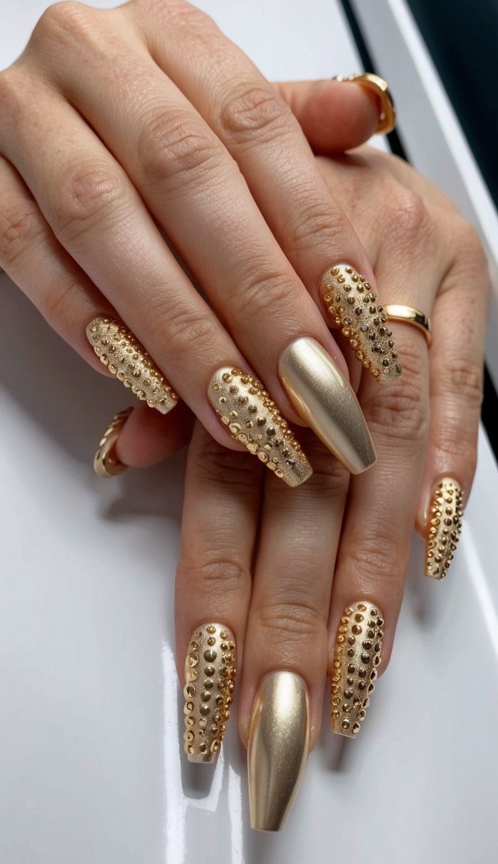 A close-up of glamorous gold studded nail art designs on a sleek, modern background