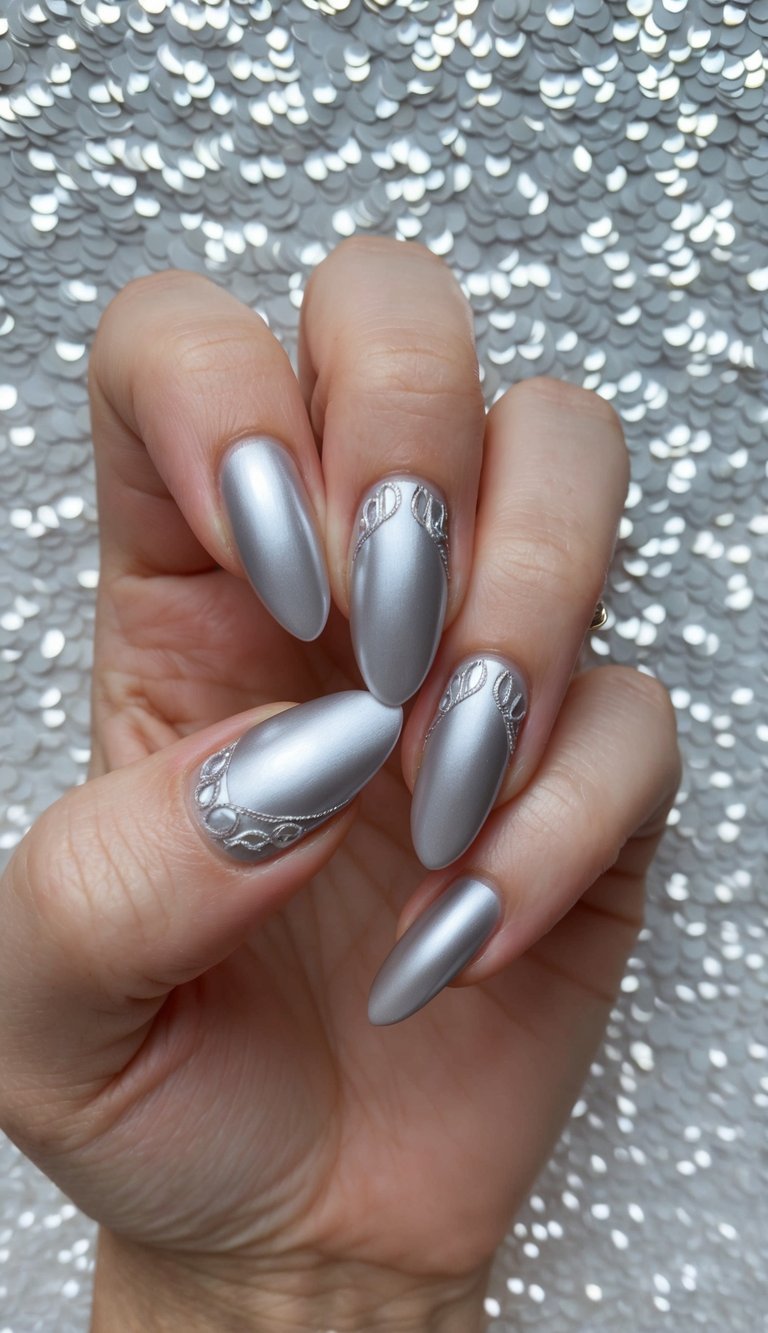 A close-up of sleek silver nail art designs on a shiny sequin texture background