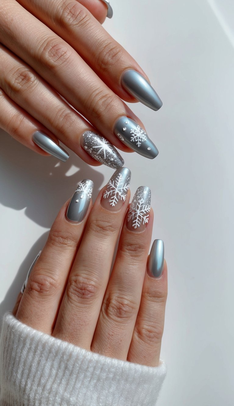 A close-up of sleek silver nail art designs on a clean, white surface, with various intricate snowflake patterns and shimmering details