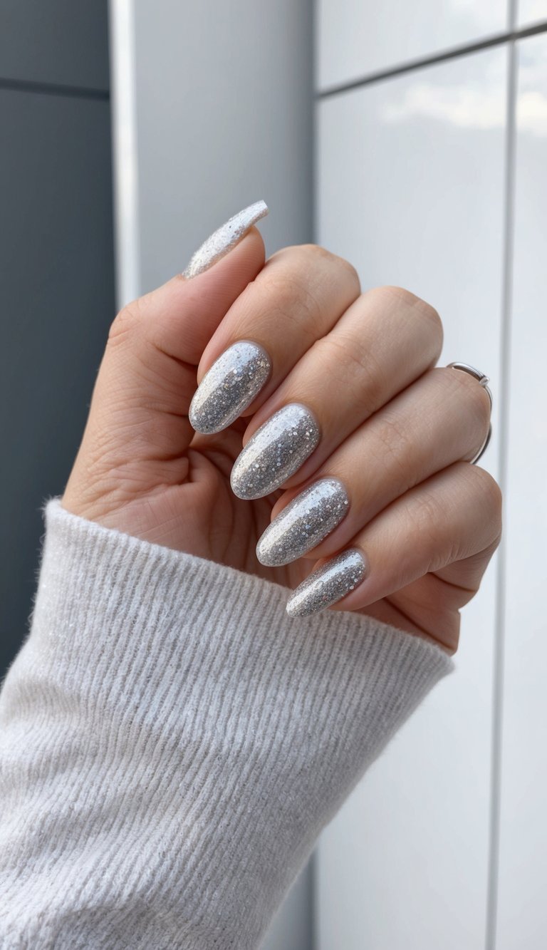 A hand holding a silver glitter French manicure against a sleek, modern background
