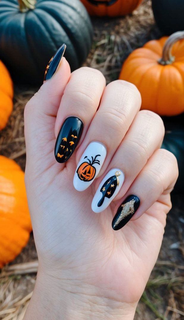 Halloween-themed black and white nails featuring bats, a jack-o'-lantern, glitter details, and dripping polish art for a lively, festive flair.