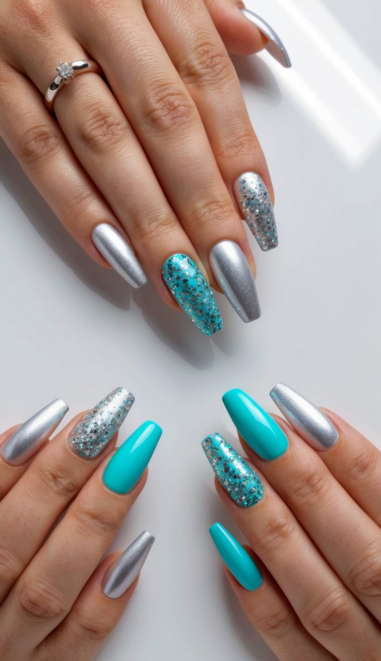 Shimmering silver and turquoise nail art on a sleek, minimalist background