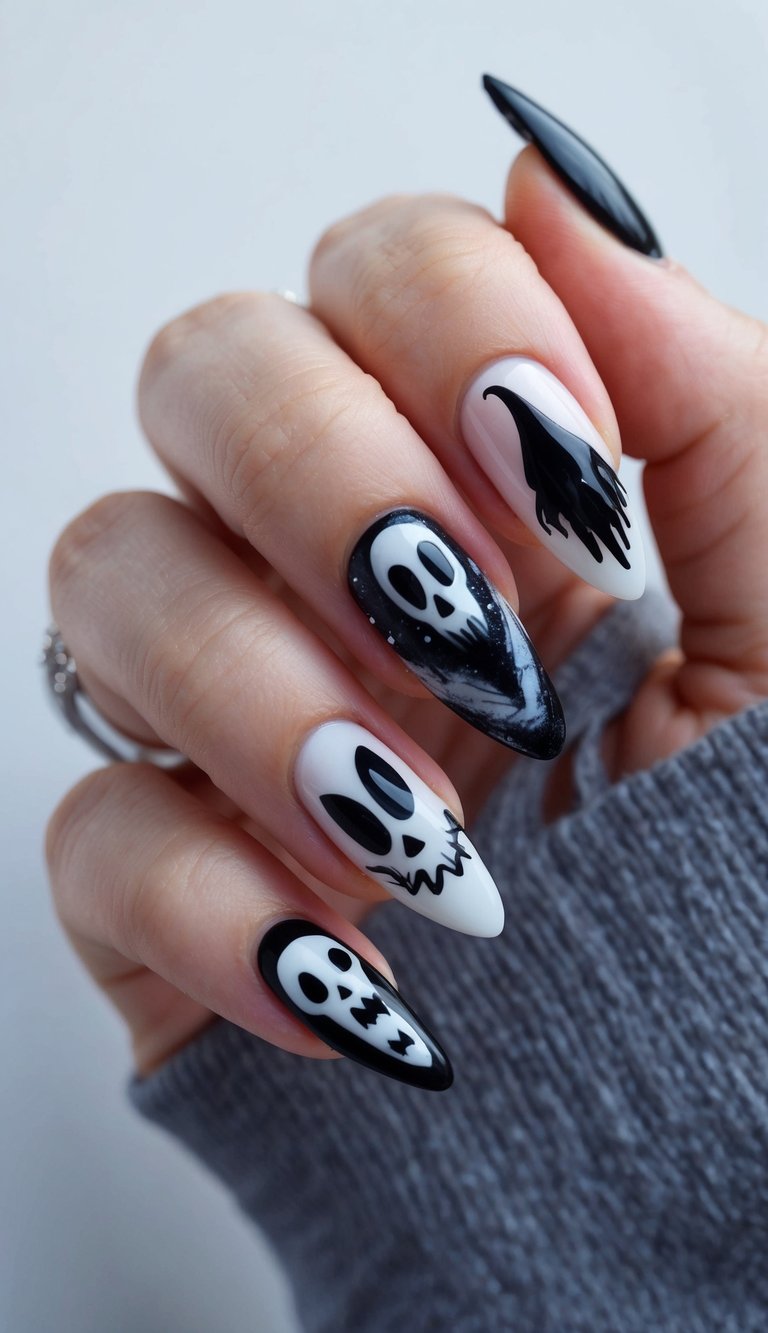 Black and white Halloween nails featuring cartoon skulls and glossy dripping polish, designed with a bold and playful spooky style.