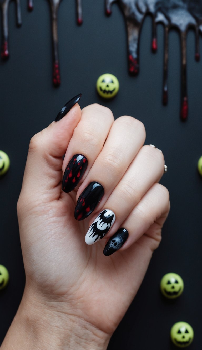 Black Halloween nails with red drip details, white fanged face art, and a smoky skull effect for a bold spooky-season look.