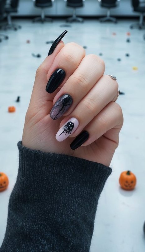 Glossy black nails with a sheer webbed accent and a pale pink nail featuring a cartoon spider—perfect for sleek Halloween style.