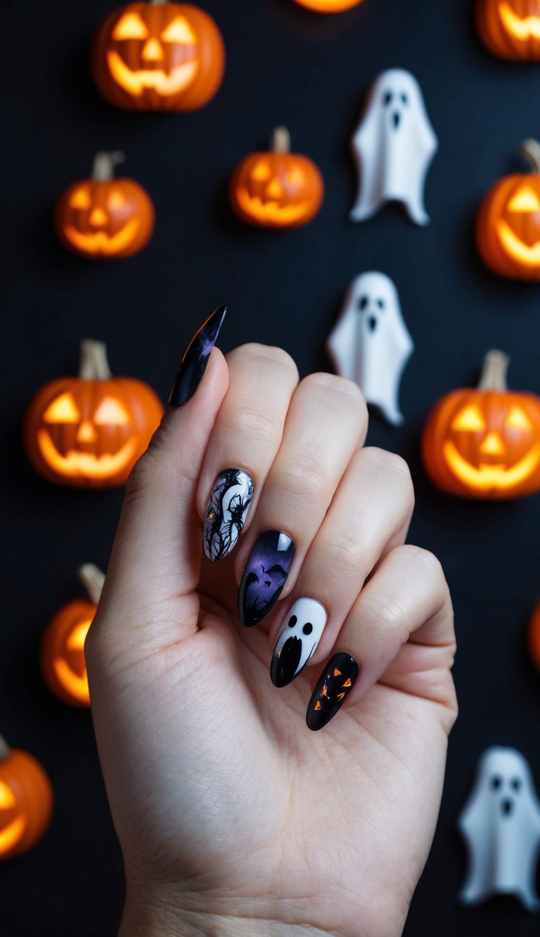 Halloween nails with ombré purple skies, jack-o’-lantern glitter, ghost faces, and spider web accents for a whimsical seasonal vibe.