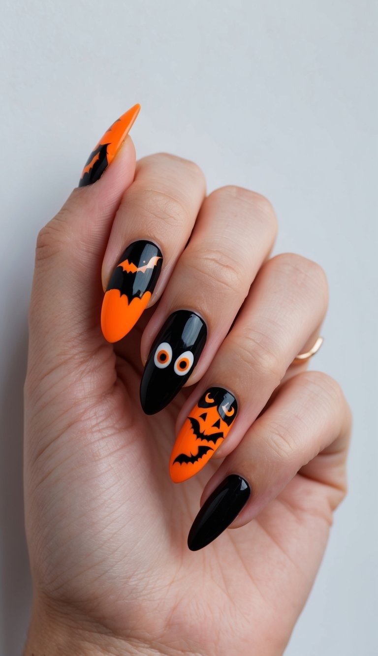  Glossy black and neon orange Halloween nails with pumpkin faces, flying bats, and cartoon eyeballs for a fun seasonal pop.