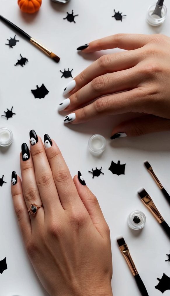 Alternating black and white Halloween nails featuring small ghost faces, designed with clean negative space and minimal charm.