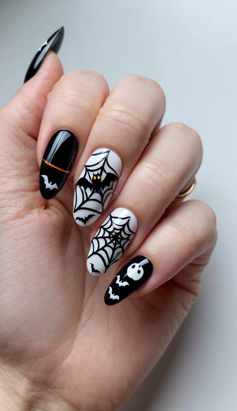 Black and white Halloween nails with bats, a spider web, and a cartoon ghost, designed in a bold and playful style.