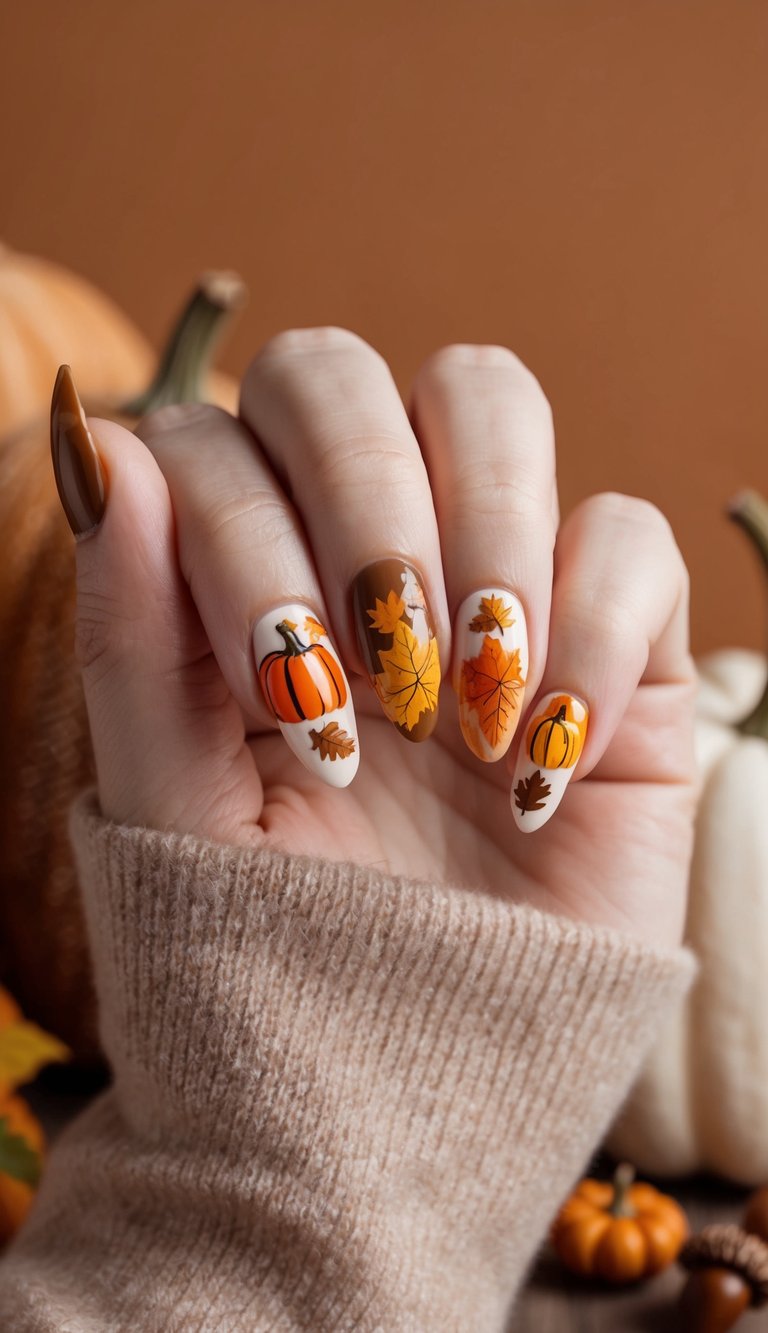Thanksgiving nails featuring bright pumpkins and oversized orange-yellow leaves on a mix of white and brown polish.