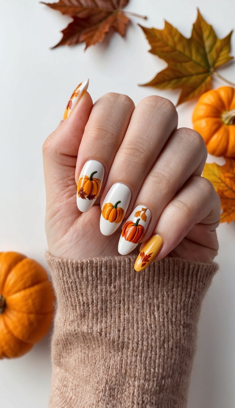 Creamy white and mustard nails with hand-painted pumpkins and amber leaves, perfect for cozy Thanksgiving nail art inspiration.