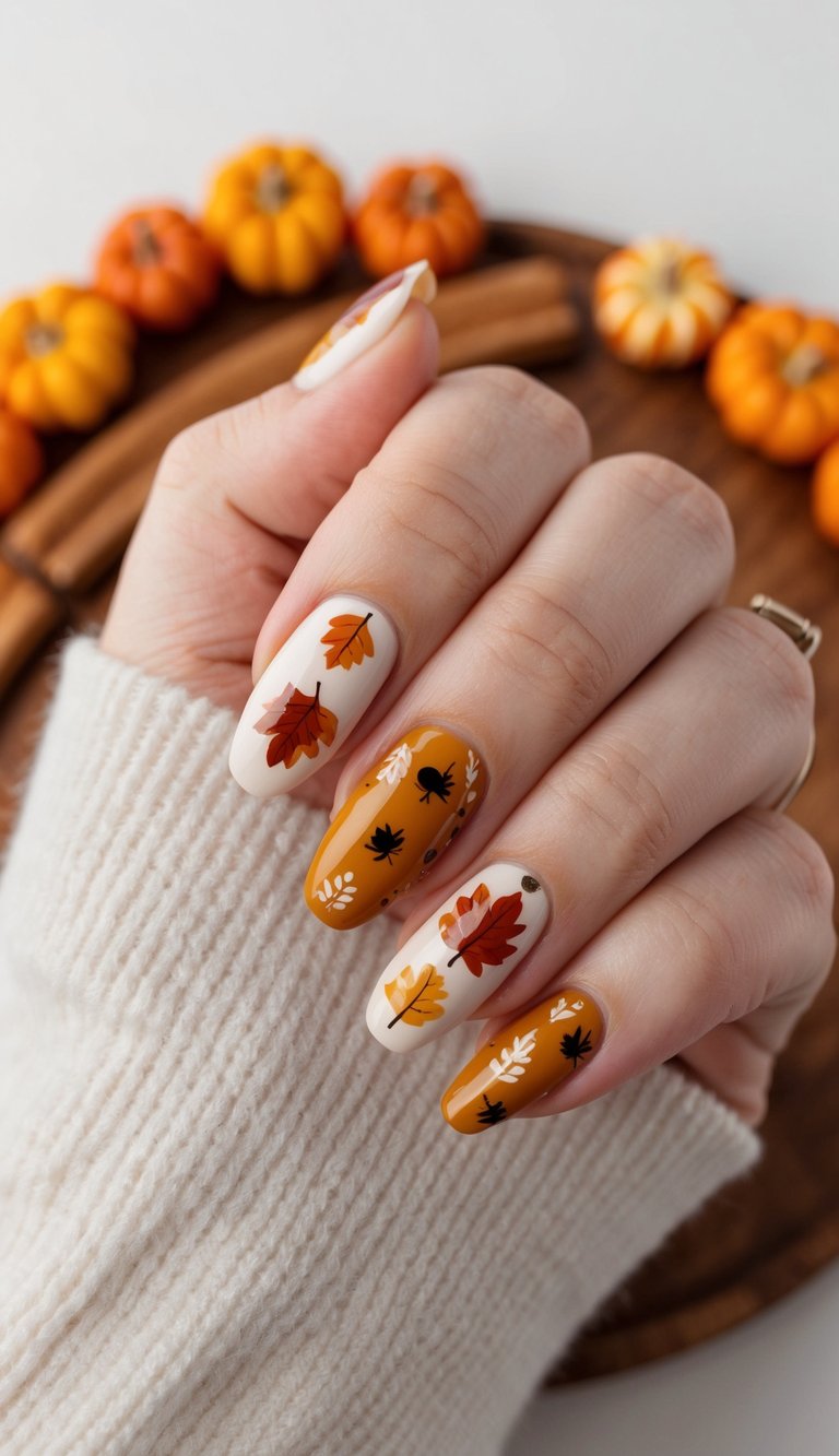 Ivory and mustard nails with detailed fall leaf art in rust and chestnut tones, perfect for a warm, textured Thanksgiving manicure.