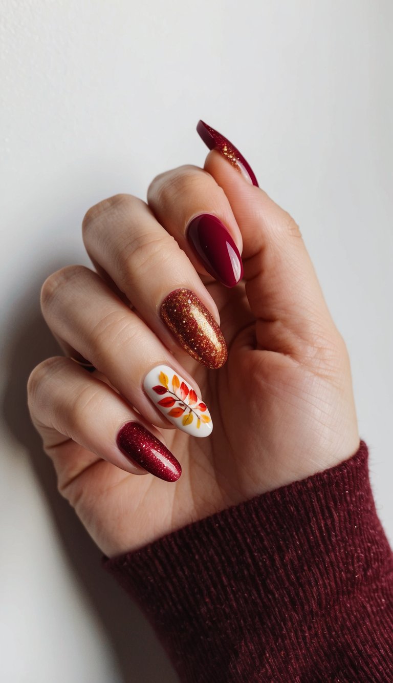 Cranberry red and glitter nails with a single fall leaf accent in warm red and orange tones, perfect for a polished Thanksgiving look.