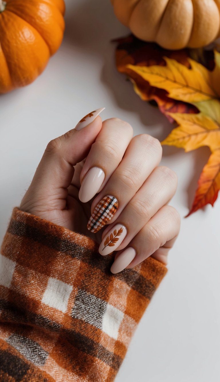 Thanksgiving nail art with plaid and leaf designs on nude nails, echoing cozy flannel patterns in warm autumn hues.